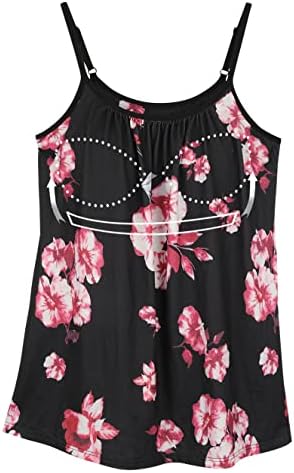 ANYFITTING Padded Tank Top with Built in Bra Cup Pleated Flowy Loose Fitting Summer Lace Trim Camisole Top Tee for Women Daily Wearing Floral Print 3XL