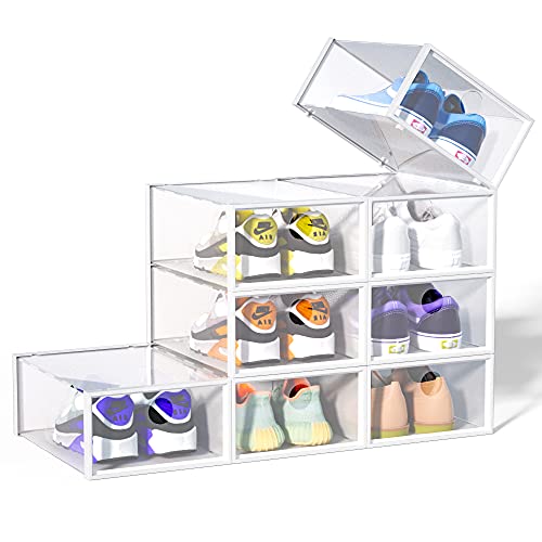 New Deal Shoe Boxes Clear Plastic Stackable, 8 Packs Shoe Storage Containers Boxes Drop Front for Kids Closet, Bedrooms