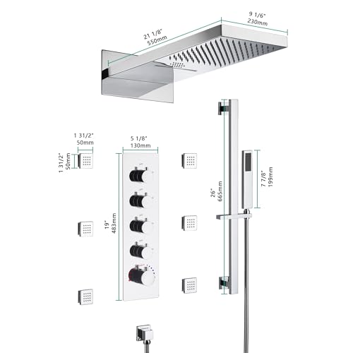 Sistema de ducha con cascada 9"x22" con LED, altavoces Bluetooth y 4 funciones (Montaje en pared) acero inoxidable pulido miniatura 4
