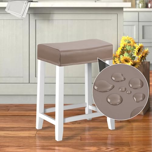 Image of YISUN Stool Covers Rectangle - 4 Pack Stretch Waterproof Saddle Seat Cover Counter Bar Stools Bar Chairs Covers Kitchen Island Chairs Cushion Protector (4, Pu Leather-Chocolate)