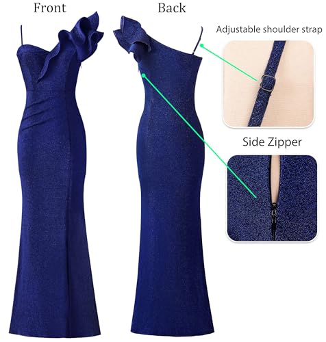 Image of VFSHOW Womens Ruffle One Shoulder Strap Ruched Formal Prom Wedding Maxi Dress V Neck Elegant Split Cocktail Evening Long Gown
