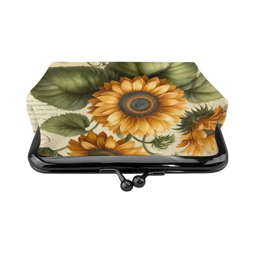 Pu Leather Buckle Coin Purse Vintage-Sunflower-Floral Girls Kiss-Lock Change Purse Wallets2