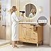 LIKIMIO 36 Inch Bathroom Vanity with Sink and Countertop, Quartz Top with Splash Guard, Ample Storage & Hidden Power Outlet, Wood Tone Gold Handles, Scandinavian Style