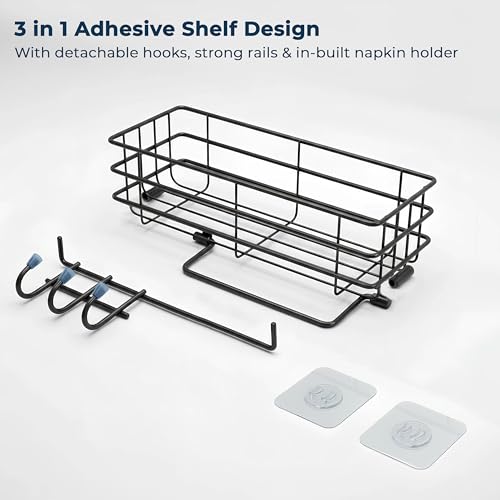Image of Plantex Self Adhesive Bathroom Shelf /GI Steel Bathroom Shelf with Hook and Napkin Holder /Bathroom Organizer Without Drill /Bathroom Accessories- Pack of 3 (Black)