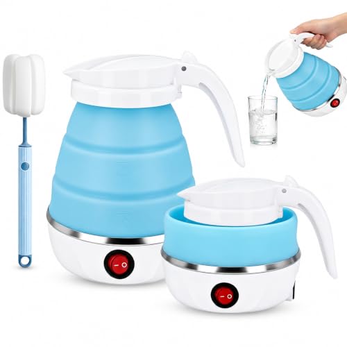 Faltbarer Wasserkessel 0.6L Wasserkocher Faltbarer 600W Reisewasserkocher mit Edelstahlboden & Schwammpinsel Tragbarer Mini Wasserkocher Silikon Wasserkessel für Outdoor Wandern Survival (Blau)