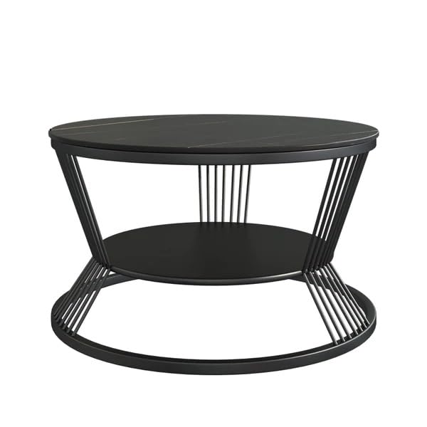 Image of 2-Tier Round Coffee Table with Open Storage Shelf for Living Room Wooden Tabletop Metal Frame Simple & Modern End Table for Small Space Center Table for Living Room Black