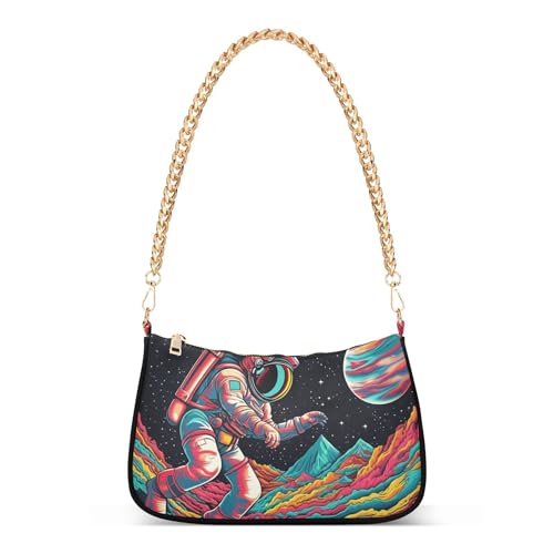Colorful Astronaut Planet Space Designer Handbags Womens Floral Shoulder Purses Zipper Hobo Totes Purse Bags with Chain Strap