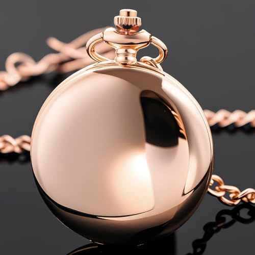 Image of Rose Gold Smooth Pocket Watch Rose Gold Steel Quartz Arabic Numerals with 37cm Chain for Father's Day Xmas Best Gifts