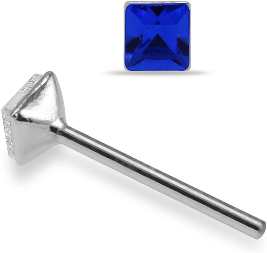 Square Crystal Stone 22 Gauge 925 Sterling Silver Straight Nose Pin - Nose Stud - Tiny Nose Ring - Nose Piercing Body Jewelry