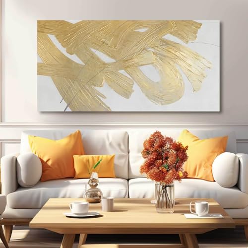 Image of Gold Abstract Wall Art White and Gold Modern Framed Painting Texture Artwork for Living Room Office Dining Room Pictures 24x48 Inch Hand Painted
