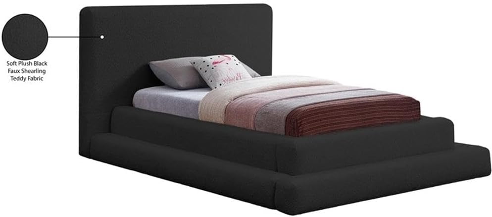 BOWERY HILL Contemporary Twin Bed, Soft Plush Black Teddy Fabric, 66" W x 96" D x 42" H, Faux Shearling Upholstered Frame, Modern Design, Headboard/Footboard for Bedroom Comfort