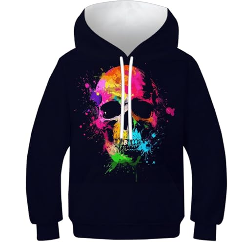Sweat à capuche enfant imprimé crâne 3D multicolore pour garçons et filles de 9 à 11 ans