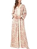 FYMNSI Womens Muslim Dress Abaya Floral Print V Neck Long Sleeve Modest Abayas Ladies Prayer Clothes Middle East Kaftan Dubai Loose Maxi Cardigan Robe Arabian Outfit Islamic Ramadan Dresses Pink M
