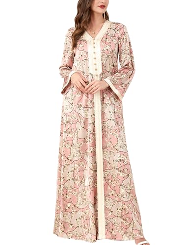 FYMNSI Womens Muslim Dress Abaya Floral Print V Neck Long Sleeve Modest Abayas Ladies Prayer Clothes Middle East Kaftan Dubai Loose Maxi Cardigan Robe Arabian Outfit Islamic Ramadan Dresses Pink L