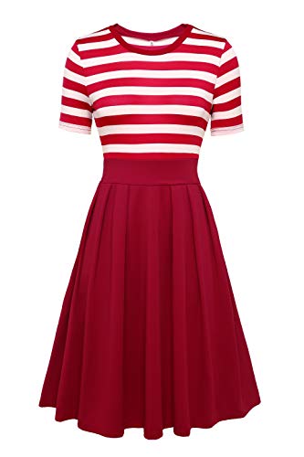 Ragemall Women's Casual Summer Vintage Short Sleeve Striped A-Line Party Midi Swing Dress Red L #TOP1