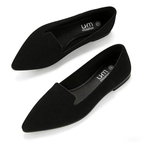 Image of MUSSHOE Black Flats for Women Pointed Toe-Comfortable Business Casual Work Shoes, Dressy Suede Slip On with Memory Foam for Office, Teacher & Standing All Day