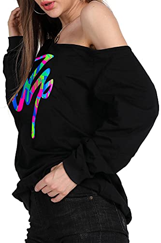 Image of MAGICMK Woman's Sweatershirt Lips Print Causal Blouse Off The Shoulder Long Sleeve Loose Slouchy Pullover Plus Size Tops