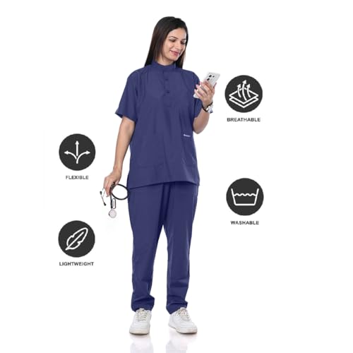 Image of Women's 5-Pocket Scrub Suit | Set of Top & Pant | Half Sleeves | Mandarin Collar | Breathable Polyviscose Fabric | Comfortable | Durable | Uniform for Doctors Nurse & Dentist NB M
