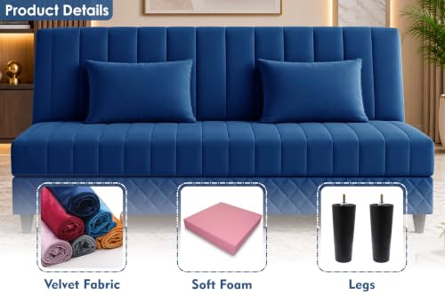 Image of Rosebell Modern 3-Seater Sofa Cum Bed Foldable Velevt Fabric Sofa, Seating, Stylish Design for Living Room, Guest Room & Office-Blue-Color