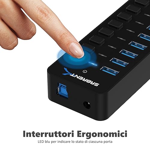 Hub USB 3.2 Gen 1 [10-Porte] da 60W con interruttori di alimentazione individuali e LED, Include Adattatore di Alimentazione da 60W 12V/5A (HB-BU10) - Hub USB - Immagine 5