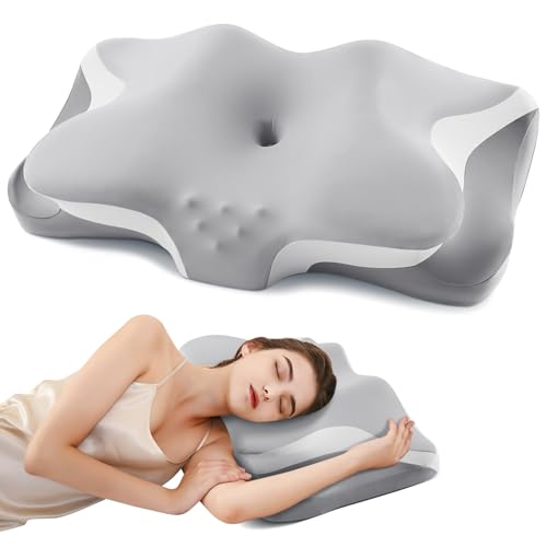 Cervical Neck Pillow for Pain Relief, Cooling Ergonomic Memory Foam Pillows for Sleeping with Luxury Breathable Pillowcase, Contour Orthopedic Neck Support Pillow for Side Back Stomach Sleepers-Grey