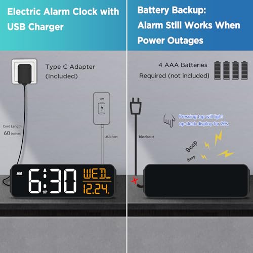 Image of Peakeep Large Display Digital Alarm Clock for Bedroom with Date Day of Week | Calendar Desk Table Clocks for Living Room Office, Dimmable Plug in Electric Clock Battery Backup, 5 Volumes, Loud, Auto DST