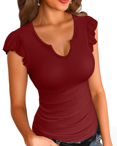Image of VICHYIE Summer Women Ruffle Cap Sleeve Pretty Fitted Shirt | Ribbed Knit, Basic, Casual, Fashion Blouse, Solid Color
