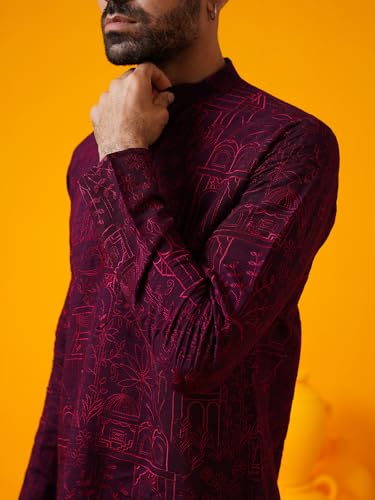 Image of SOJANYA (Since 1958 Men's Cotton Silk Kantha Thread Embroidered Kurta with White Pyjama