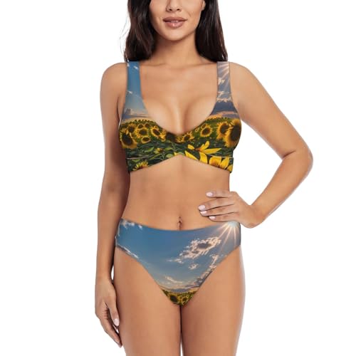 Maillot de bain contrôle du ventre 2 pièces imprimé tournesols pour femme