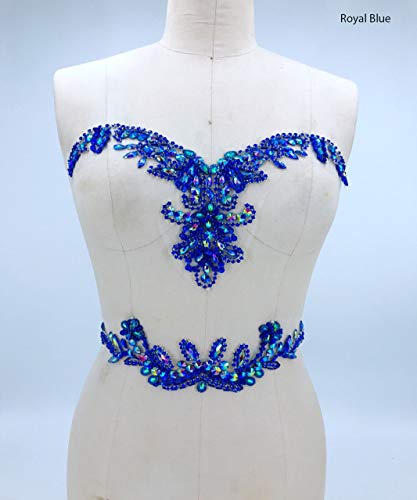 Rhinestone Applique with Crystal Trim 3D lace Patches Great for DIY Neckline Bodice Belt Wedding Bridal Prom Dress A3 (Royal Blue)