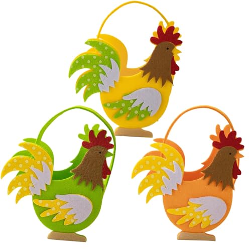Cestini per uova a di gallo, 3 cestini pasquali in feltro, sacchetti per dolcetti festivi, ornamenti per interni ed esterni, oggetti di scena primaverili, sacchetti colorati per caramelle