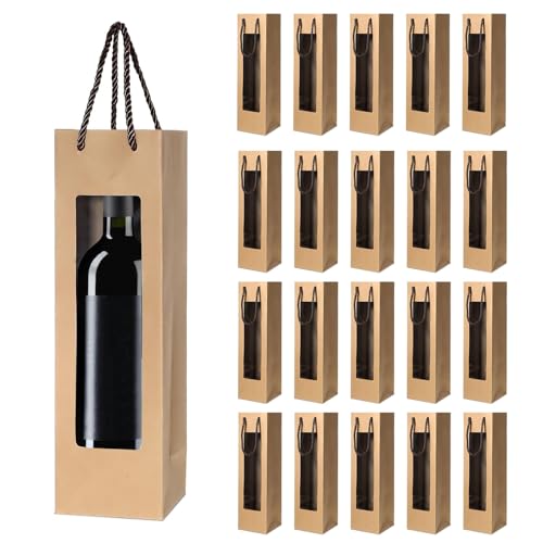 20er-Packung Wein Geschenk Tasche klar Fenster Weinbeutel für Hochzeitsgeschenke Flasche mit Griffen wiederverwendbare Blume Weinbeutel Bulk für Weihnachtstag Party geschenktüten Flaschen (braun)