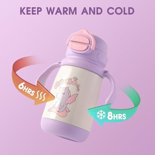 13oz Kids Insulated Water Bottle, 2-in-1 Straw & Spout Lid, with Shoulder Strap and Handle, 316 Stainless Steel Water Bottle for Toddler, Sports, Travel, and School (Purple - Unicorn)