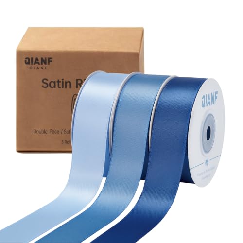 QIANF 1 Inch French Blue Double Face Satin Ribbon 45 Yards Light Blue Fabric Ribbon for Gift Wrapping Flower Bouquets Hair Bows Wedding Decoration Invitation Cards Christmas (3 Rolls *15Yd)