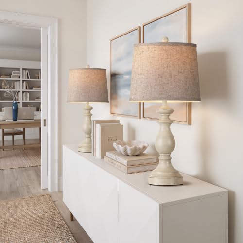 Image of PARTPHONER Traditional Table Lamp Set of 2, Rustic Farmhouse Table Lamps for Living Room Bedroom, 27 inch Bedside Desk Lamps Vintage Nightstand Lamps with Linen Shades, Antique White