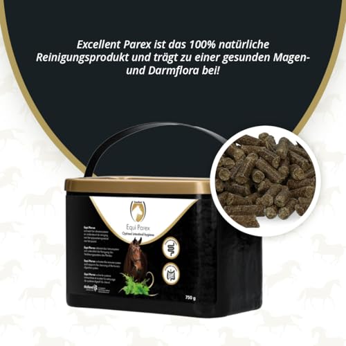 Excellent Equi Parex Pellets - 750gr - Trägt zu Einer gesunden Magen- und Darmflora bei - Verdauung Unterstützen - Kräuterfutter - Darmkur - Geeignet für Pferde