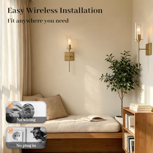 Image of Battery Operated Wall Sconce Set of 2,Gold Rechargeable Wall Lights