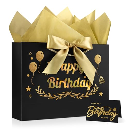 Image of JMANNI Black Gold Happy Birthday Gift Bag with Card and Tissue Paper, 12.6 inchx9.84 inchx3.9 inch Elegant Present Bag for Men Women, Year Old Birthday Keepsake Party Supplies