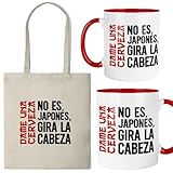 Kembilove® Pack Taza y Bolsa “No es japones, gira la cabeza” | Cerámica 325 ml y Tote Bag Reutilizable | Regalo divertido para amantes del humor y la cerveza | Ideal para cumpleaños, amigo invisible