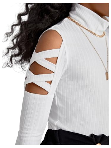 Image of RoseSeek Girl's Long Sleeve Mock Neck Ribbed Knit Tee Shirts Crisscross Cold Shoulder Tops White 11-12Y