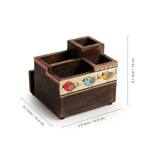 Image of ExclusiveLane 'Flock Of Birds' Cutlery & Stationery Holder (Mango Wood, 5 Partitions) | Handpainted Wooden Cutlery Holder for Kitchen Cutlery organizer Cutlery Holder for Dining Table Cutlery Stand