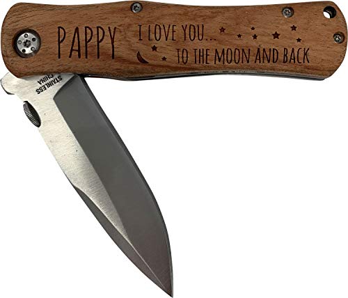 Pappy - I Love You to The Moon and Back Stainless Steel Folding Pocket Knife with Clip, Wood