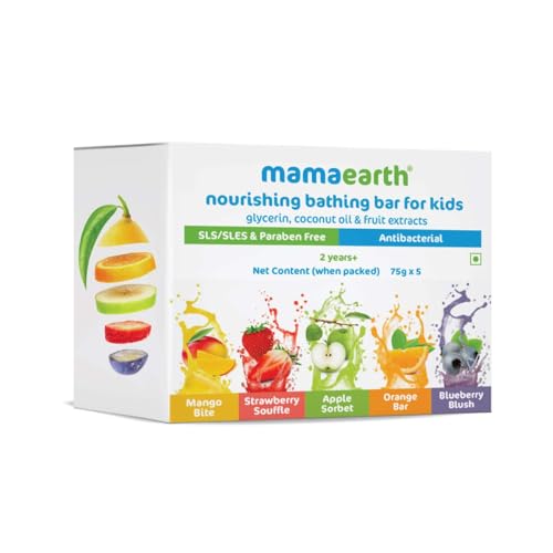 MAMAEARTH Fruit Infused Nourishing Bathing Bar for Kids - Pack of 5 | Gently Cleanses & Hydrates Sensitive Baby Skin | with Apple, Orange, Blueberry, Strawberry & Mango | 2.64 Oz/75g