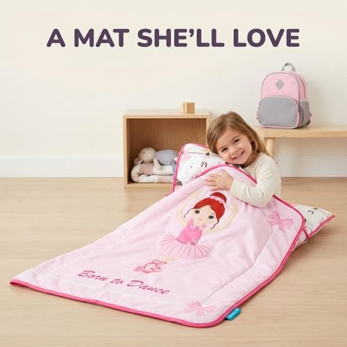 Image of EVERYDAY KIDS Toddler Nap Mat with Removable Pillow -Born to Dance Ballerina- Carry Handle with Straps Closure, Rollup Design, Soft Microfiber for Preschool, Daycare, Sleeping Bag - Ages 2-6 Years