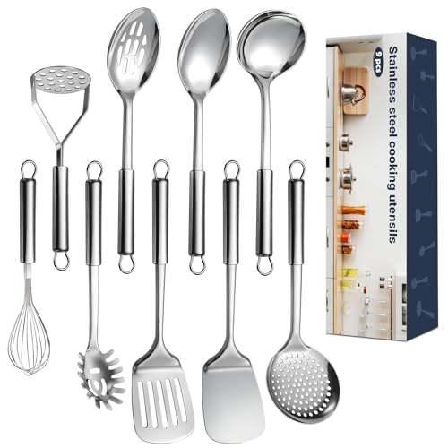 9-Pcs-Cooking-Utensils-Set-Stainless-Steel-Kitchen-Utensils-Heat-Resistant-Metal-Kitchen-Tools-Include-Solid-Slotted-Spatula-Serving-Spoon-Ladle-Pasta-ServerPotato-Maseher-Egg-Whisk-Silver 9 Pcs Cooking Utensils Set, Stainless Steel Kitchen Utensils, Heat Resistant Metal Kitchen Tools Include Solid & Slotted Spatula, Serving Spoon, Ladle, Pasta Server,Potato Maseher, Egg Whisk, Silver - Image 1