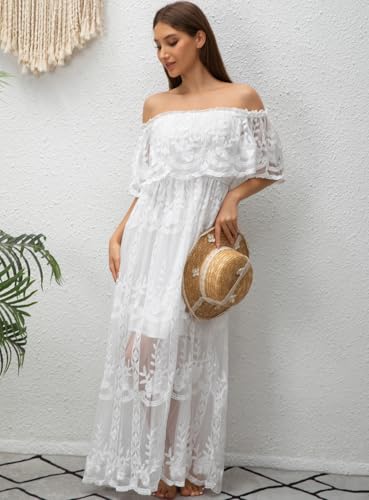 Image of HOYISHION Women's Off The Shoulder Floral Lace Maxi Dress White Bridesmaid Wedding Party Maternity Photoshoot Long Dresses
