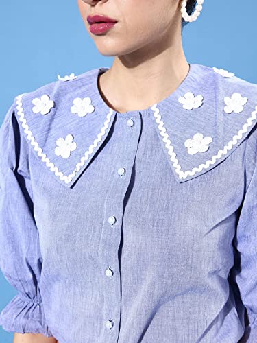Image of Style Quotient Women Blue Classic Floral Embroidered Casual Shirt