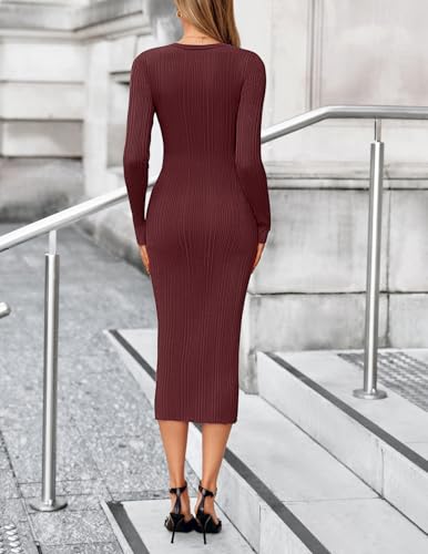 MEROKEETY Women's Long Sleeve Fall Sweater Dress 2025 Button Crew Neck Ribbed Knit Bodycon Midi Maxi Dresses3