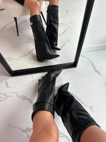 Knee High Boots for Women Fold Over Knee High Boots Chunky Heel Pointed Toe Long Boots Zipper Tall Boots3