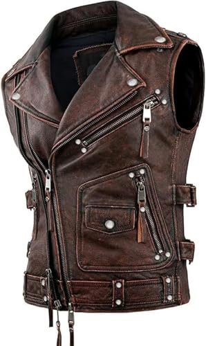 Hide & Seek Men’s Vintage Classic 1950's Brando Cowhide Leather Classic Sleeveless Biker Motorcycle Leather Vest